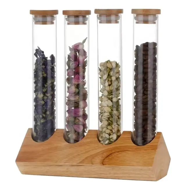 Wooden Coffee Beans Flower Tea Display Rack Stand with Glass Test Tube