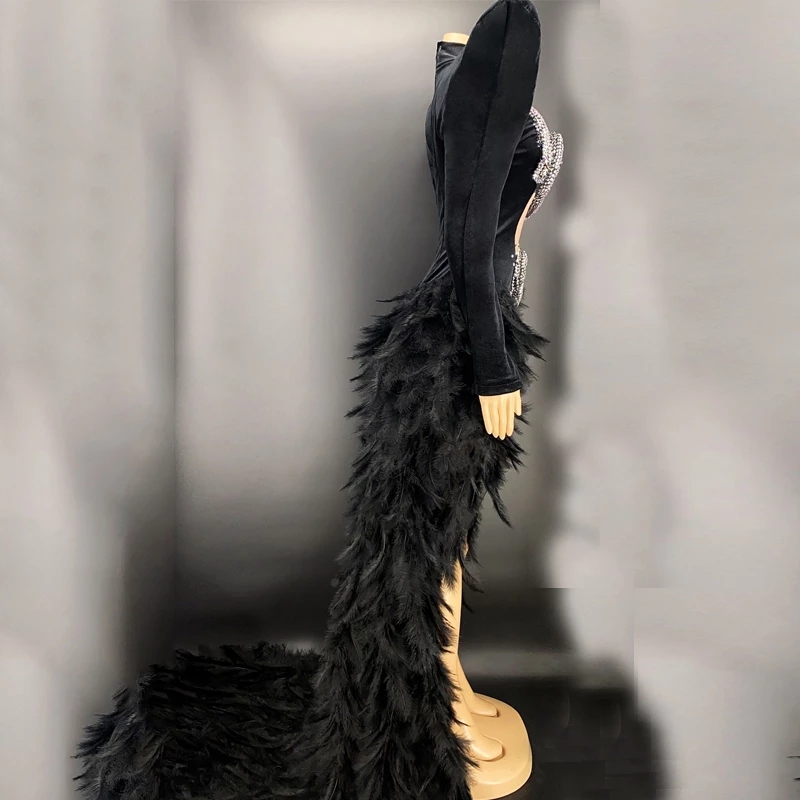 Black Velvet Rhinestone Feather Trains Dress for Performances