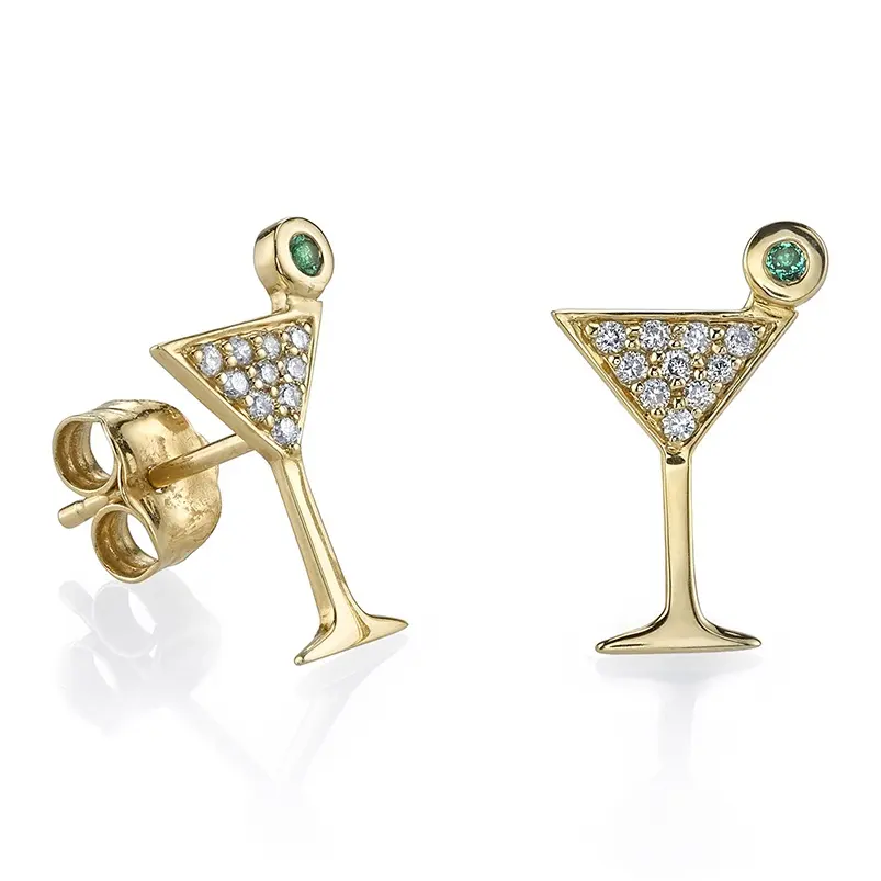 Anting-Anting Emas Kuning 18 Karat Kancing Kaca Martini Berlian Zamrud