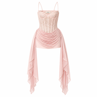 Anjie OEM ODM Robe Courte Corset Rose en Dentelle pour Femme, Jupe en Satin Drapée, Bustier en Mousseline avec Rubans, Marque Privée Personnalisée