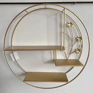 Luxury round gold metal wire bracket wall mount shelf for storage custom modern metal wall art shelf