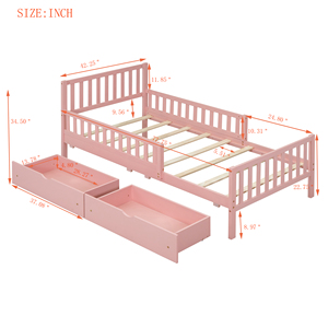 Letto a piattaforma singolo moderno in legno massello rosa con sponde di sicurezza, comodo, ecologico, con cassetti contenitore per la cameretta dei bambini - Product Image 2