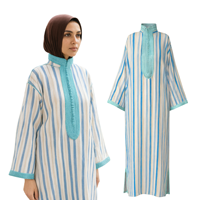 Robe Djellaba de luxe à col montant et bordure sur la patte de boutonnage, en coton rayé, style Dubaï, pour femmes musulmanes, Jellaba Femme, Robe Kaftan Arabe