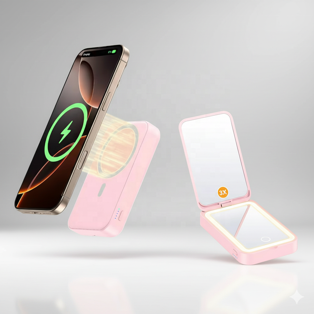Travel Rechargeable Portable 3000mAh Magnetic Wireless Power Bank Mini Makeup Mirror With Lights