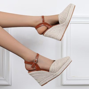 Nouvelle mode femmes été sandales à semelles compensées 3.93 pouces bout fermé avec bride à la cheville PU supérieur et PU semelle intérieure plate-forme <span class=keywords><strong>Espadrilles</strong></span> - Product Image 1