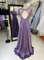 Robe de Soirée Courte Élégante Lavande à Manches Courtes, Broderie Dentelle, Dos Découpé Perlé, en Satin Coupe A-Line, Robe de Bal 2027, Vente en Gros Fournisseur