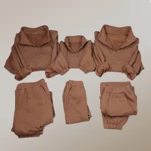 Французский махровый комплект свитшот с полузастежкой-молнией, флисовый хлопковый спортивный костюм, одежда для мамы и меня, Семейные комплекты одежды