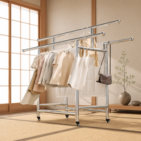 Porte-vêtements mobile à double rail, robuste, en acier inoxydable, avec rangement inférieur