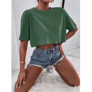 100% Cotton Puff Print Crop Top Customizable Boxy Loose Daily Casual Short Sleeve Basic Slim Fit Tee Shirt Plaid Pattern <strong>Fabric</strong> - Product Image 4