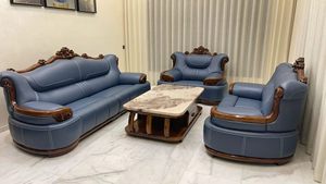 Juego de Sofás de Cuero PU de Estilo Europeo, Lujo Ligero, Madera Maciza Tallada a Mano, Muebles Duraderos para Apartamento y Villa - Product Image 3