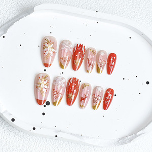 Faux ongles de Noël à presser, amande, effet œil de chat, feuille d'or, motif flocon de neige et cerf, réutilisables, festifs - Product Image 2