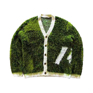 Suéter de Mohair para hombre de Jacquard con cuello en V y manga regular a rayas y logotipo personalizado, cárdigan borroso de otoño - Product Image 4