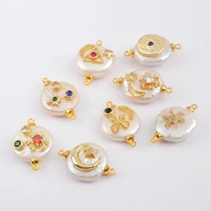 G1888 Wholesale Coin Freshwater Pearl Connector With Cubic Zircon Pearl Jewelry Findings