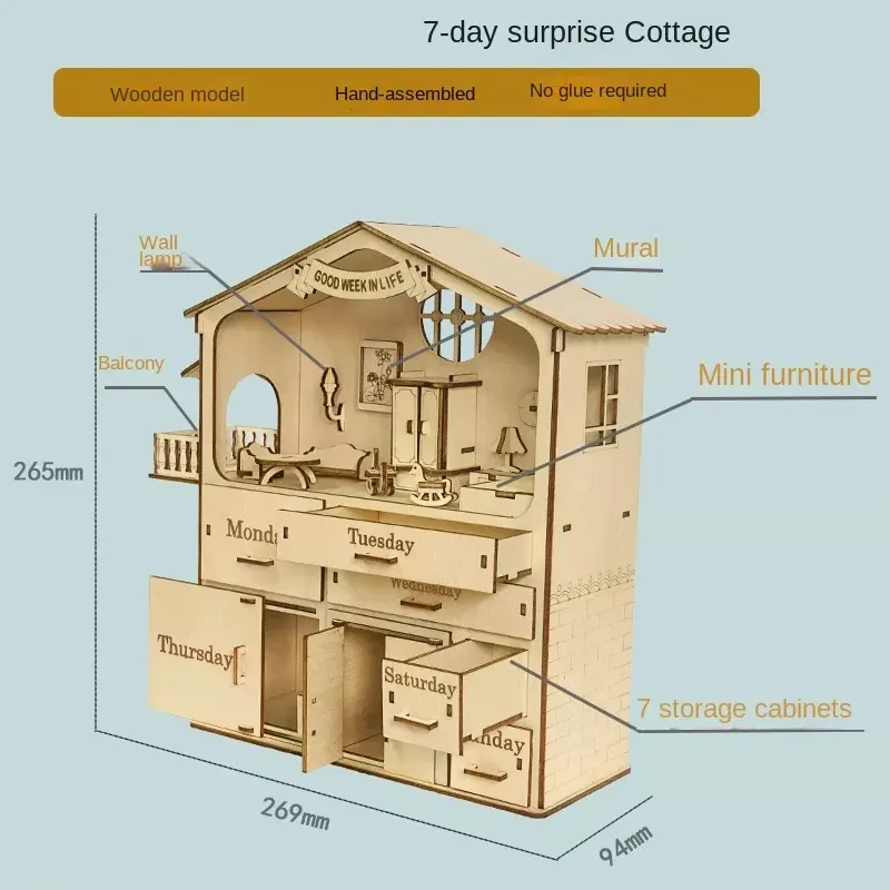 Diy組み立て7日間サプライズコテージモデルキットキッズ教育玩具クリエイティブウッドハウス子供ギフト3D木製パズル