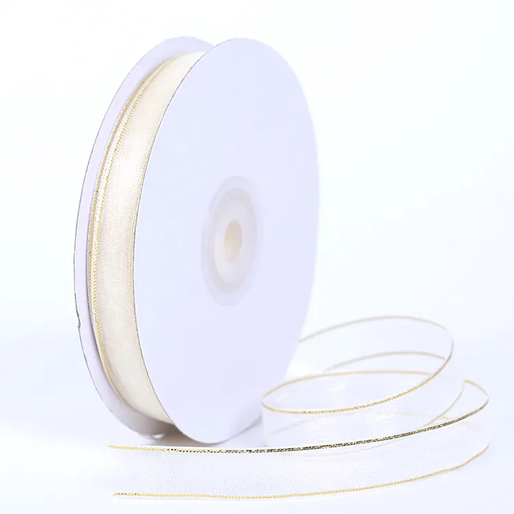 CSFY Stocked Solid Colors 1/2 inch 12mm Double Gold Edge Sheer Organza wire edge ribbon for gift wrap
