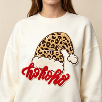 Patchs thermocollants de Noël en chenille à imprimé léopard, broderie Hohoho et applique chapeau de Père Noël, personnalisables en gros pour vêtements de fêtes