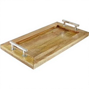 Plateau de service rectangulaire en bois fait main avec finition en bois naturel, plateau de service alimentaire et de petit-déjeuner polyvalent et durable pour la maison - Product Image 1