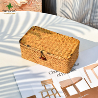 Panier de pique-nique rectangulaire multi-usages en paille et jonc de mer tressé à la main, style bohème, avec couvercle, pour la décoration de la maison et du salon