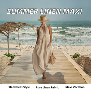 Robe longue d'été pour femme 100% lin, sans manches, col halter, style bohème ample avec poches, ourlet asymétrique, tenue de plage pour les vacances - Product Image 2
