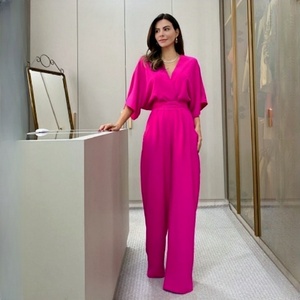 Nouvelle combinaison pour femme, unie, tendance, col en V, dos nu, pantalon large, tenue décontractée d'été - Product Image 2