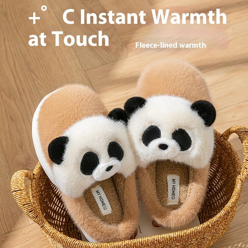 Cartoon Panda Fluffy Fur for Slippers 2025 Autumn Winter Thickened Non-Slip Indoor Home Warm Stylish Comfortable Stylish