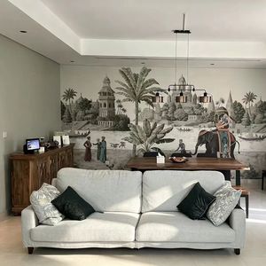 Murale da Parete Art Déco con Paesaggio Indiano, <span class=keywords><strong>Elefante</strong></span>, Pavone e Castello, Scenografia Tropicale con Palme, Carta da Parati per Soggiorno e Hotel, <span class=keywords><strong>Sfondo</strong></span> Personalizzato - Product Image 2