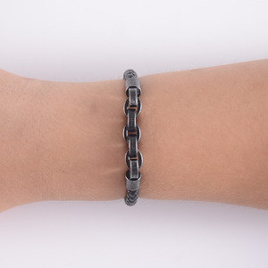 Men's <b>Leather</b> Woven <b>Bracelet</b> Black Stainless Steel Chain 7.5 8.5 9 Inches Everyday Wear Geometric Design - Product Image 2