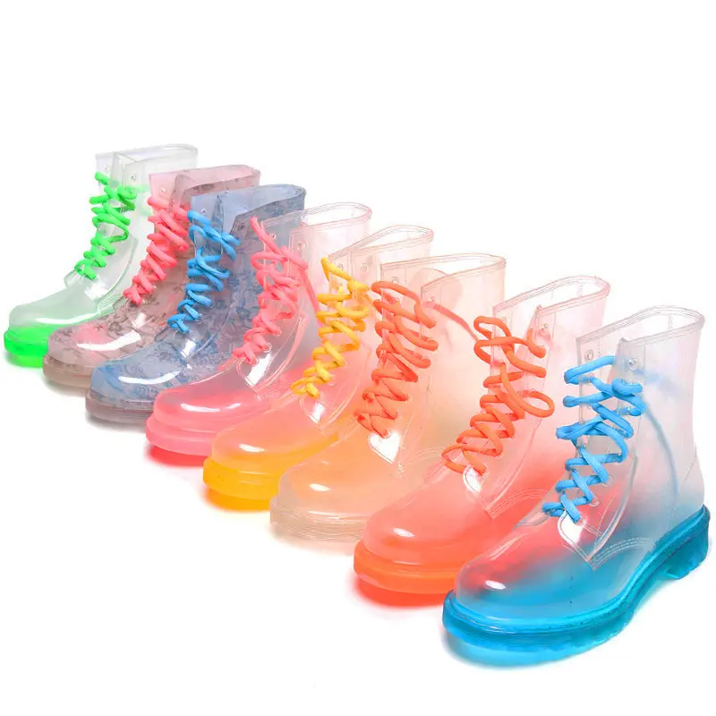 Botas de lluvia de pvc para mujer, botines transparentes brillantes con tacón en el tobillo