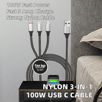 Nouveauté Câble de données USB-C en nylon 3 en 1 100W 5A à charge rapide pour téléphone, ordinateur portable et utilisation en voiture