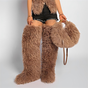 Ensemble chaussures et sac SHIKOL, bottes en fourrure moelleuse à hauteur de cuisse, bottes sexy pour filles rebelles, bottes en fausse fourrure, sacs à main, sacs à bandoulière, fourrure pelucheuse, hiver - Product Image 2