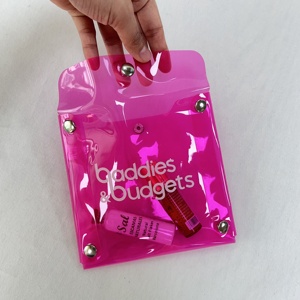 Nouvelle conception, trousse de toilette transparente rose vif en PVC, logo personnalisé imprimé, pochette de rangement pour cosmétiques avec bouton - Product Image 2