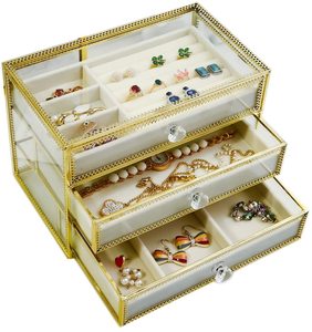 Golden Brass Vintage Glass Jewelry Box with 3 Drawers Earrings Necklace Ring Bracelet Watch Organizer Case for Women
