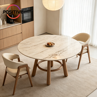 Table à manger ronde en marbre de luxe italienne moderne avec pieds en bois massif noyer, mobilier de salle à manger Wabi Sabi pour la maison et les restaurants