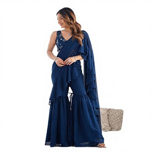 Sari/Saree/Chari de Seda Georgette Blanco de Último Diseño con Bordado Pesado en Relieve, Estilo Casual para Mujeres Adultas de India/Pakistán - Product Image 2