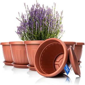 Vaso per Fiori in Plastica Infrangibile Resistente ai Raggi UV con Sottovaso, Vaso per Piante Rotondo Resistente alle Intemperie per Interni ed Esterni con Drenaggio dell'Acqua - Product Image 1