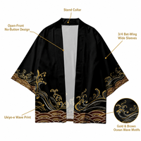 Cardigan Kimono Oversize Unisexe Motif Vague Ukiyo-e Haori Japonais Manches 3/4 Tendance Imprimé 3D Cache-maillot de Plage