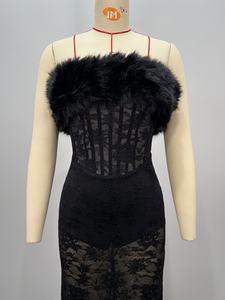 A11391 Gaun Malam Hitam Mewah dengan Hiasan Bulu, Tanpa Tali, Bordir, Renda, Tanpa Punggung, Panjang Maxi untuk Pesta <span class=keywords><strong>Prom</strong></span> Koktail. - Product Image 6