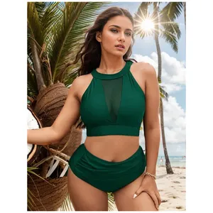 Conjunto de regata de cintura alta plus size para mulheres, maiô transparente de malha transparente, controle de barriga, roupa de banho de duas peças, moda praia 2024, novidade