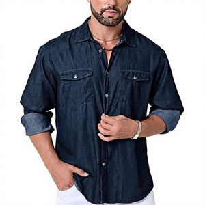 Chemise boutonnée en coton bleu foncé pour hommes, manches longues, couleur unie, coupe régulière avec poches, haut décontracté toutes saisons - Product Image 1