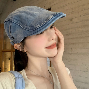 Retro Washed Denim Beret Medium Blue Breathable Embroidery Letter Pattern Female Adult Ivy Hat - Product Image 3