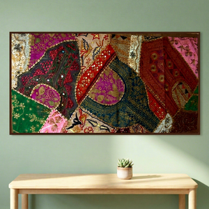 Belle Perlée Fil Travail Patchwork Brodé Décoratif Inde Coton Tapisserie - Product Image 1