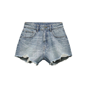 Nouveaux shorts en jean pour femmes à taille haute avec franges, poche latérale zippée, style vintage brillant et décontracté - Product Image 1