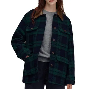 Fashion Custom High Quality Leather Collar Button Up Plaid Wool Jacket Classic Checker Women's Jacket