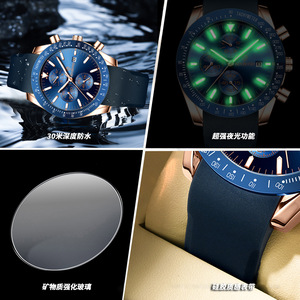 Binbond Men's Chronograph Watch Blue Dial Rose Gold Case Waterproof 30M Stainless Steel Strap Quartz Watch - Product Image 4