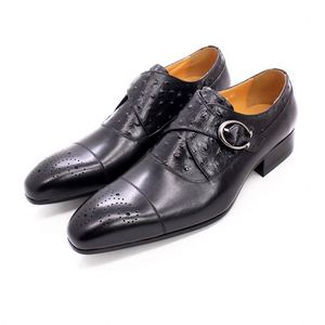 Classic and Luxurious Ostrich-print Brocade Men's Leather <b>Shoes</b> with Adjustable Buckles Pointed Toe for Parties and Weddings - Product Image 2