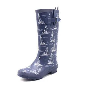 2022 Fashion rubber rain boots sailing boat pattern boots waterproof fishing shoes on sale