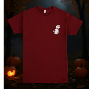 T-shirt Ghost Of Disapproval, design rosso per Halloween, stampa con fantasma carino, vestibilità unisex - Product Image 3