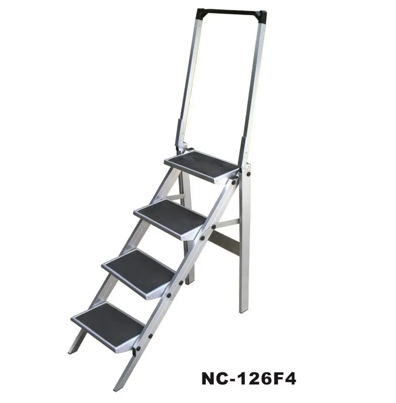 Fabriek Aanpasbare 2-3-4 Stappen Aluminium Twee Brede Opstap Kruk Ladder Drie Trap Ladder Met Wielen Vouwladder