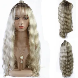 High heat resistant synthetic hollywood wave light ash blonde lace front wig with ponytail