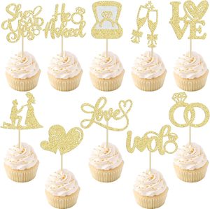 Decorazioni per Cupcake 'He Asked She Said Yes' con Glitter, Anello di Diamanti, Cuore, Amore, 'I Do' per Feste di Matrimonio - Product Image 1